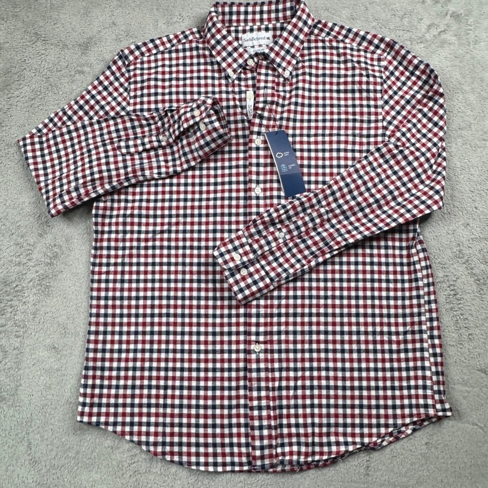 NWT Saddlebred Mens Classic Fit Gingham Button Down Shirt Red White Blue Large - Picture 9 of 9